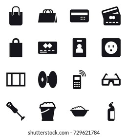 16 vector icon set : shopping bag, credit card, identity card, power socket, window, foam bucket, foam basin, toilet cleanser