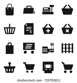16 vector icon set : shopping bag, cashbox, basket, account balance, add to basket, delete cart, delivery, mall, atm, cart