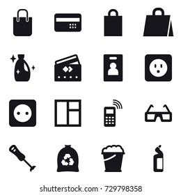 16 vector icon set : shopping bag, credit card, cleanser, identity card, power socket, window, garbage bag, foam bucket, toilet cleanser