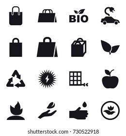 16 vector icon set : shopping bag, bio, electric car, apple, sprouting, hand leaf, hand drop, ecology