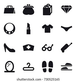 16 vector icon set : shopping bag, purse, diamond, necklace, lipstick, t-shirt, underpants, shoes, suitcase, mirror, hanger, slippers