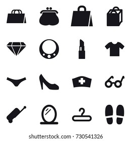 16 vector icon set : shopping bag, purse, diamond, necklace, lipstick, t-shirt, underpants, shoes, suitcase, mirror, hanger, slippers