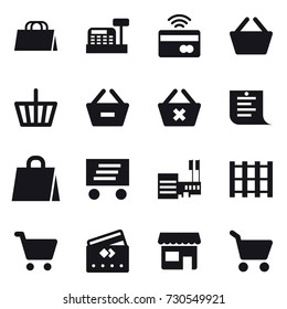 16 vector icon set : shopping bag, cashbox, tap to pay, basket, remove from basket, delete cart, shopping list, delivery, mall, credit card, shop, cart