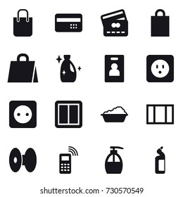 16 vector icon set : shopping bag, credit card, cleanser, identity card, power socket, power switch, washing, window, liquid soap, toilet cleanser