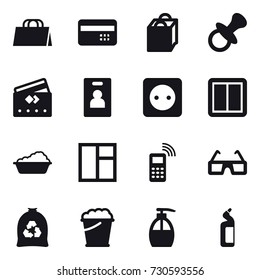 16 vector icon set : shopping bag, credit card, nipple, identity card, power socket, power switch, washing, window, garbage bag, foam bucket, liquid soap, toilet cleanser