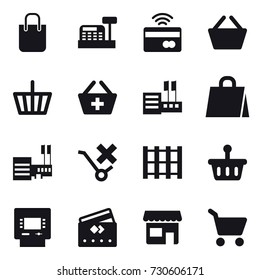 16 vector icon set : shopping bag, cashbox, tap to pay, basket, add to basket, store, mall, atm, credit card, shop, cart