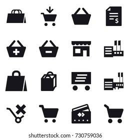 16 vector icon set : shopping bag, add to cart, basket, account balance, add to basket, remove from basket, shop, store, delivery, mall, credit card, cart