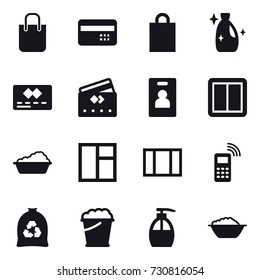 16 vector icon set : shopping bag, credit card, cleanser, identity card, power switch, washing, window, garbage bag, foam bucket, liquid soap, foam basin