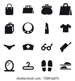 16 vector icon set : shopping bag, purse, necklace, lipstick, t-shirt, underpants, suitcase, mirror, hanger, slippers