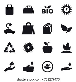 16 vector icon set : shopping bag, bio, sun power, electric car, apple, sprouting, hand leaf, hand drop, ecology, hand and drop