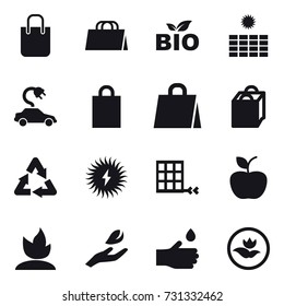 16 vector icon set : shopping bag, bio, sun power, electric car, apple, sprouting, hand leaf, hand drop, ecology