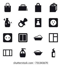 16 vector icon set : shopping bag, cleanser, nipple, identity card, power socket, power switch, washing, window, liquid soap, foam basin, toilet cleanser