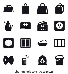16 vector icon set : shopping bag, cleanser, credit card, power socket, power switch, washing, window, garbage bag, foam bucket