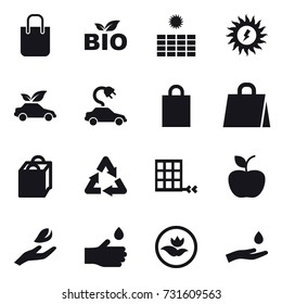 16 vector icon set : shopping bag, bio, sun power, eco car, electric car, apple, hand leaf, hand drop, ecology, hand and drop