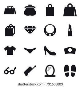 16 vector icon set : shopping bag, purse, diamond, necklace, lipstick, t-shirt, underpants, shoes, suitcase, mirror, slippers