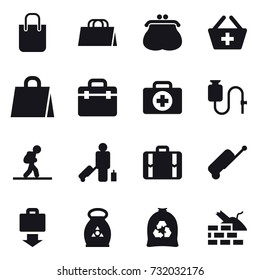 16 vector icon set : shopping bag, purse, add to basket, tourist, passenger, suitcase, baggage get, fertilizer, garbage bag, construct garbage