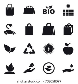 16 vector icon set : shopping bag, bio, sun power, electric car, apple, sprouting, hand leaf, ecology, hand and drop