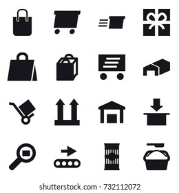 16 vector icon set : shopping bag, delivery, gift, warehouse, washing powder