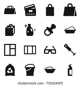 16 vector icon set : shopping bag, credit card, cleanser, nipple, washing, window, garbage bag, foam bucket, foam basin, toilet cleanser