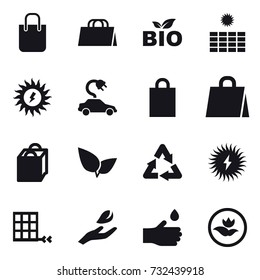 16 vector icon set : shopping bag, bio, sun power, electric car, hand leaf, hand drop, ecology