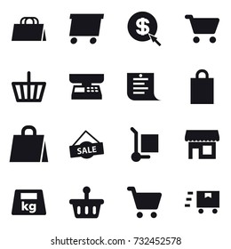 16 vector icon set : shopping bag, delivery, dollar arrow, cart, basket, market scales, shopping list, sale, cargo stoller, shop