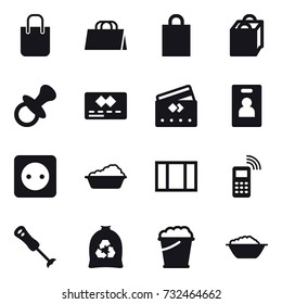 16 vector icon set : shopping bag, nipple, credit card, identity card, power socket, washing, window, garbage bag, foam bucket, foam basin