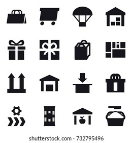 16 vector icon set : shopping bag, delivery, parachute, warehouse, gift, washing powder