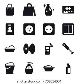 16 vector icon set : shopping bag, cleanser, identity card, power socket, power switch, washing, foam bucket, liquid soap, foam basin, toilet cleanser