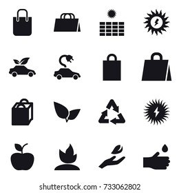 16 vector icon set : shopping bag, sun power, eco car, electric car, apple, sprouting, hand leaf, hand drop
