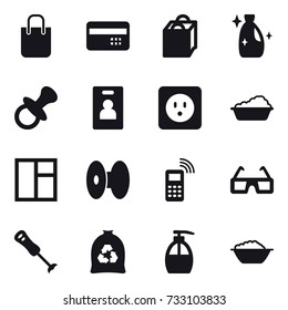 16 vector icon set : shopping bag, credit card, cleanser, nipple, identity card, power socket, washing, window, garbage bag, liquid soap, foam basin