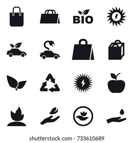 16 vector icon set : shopping bag, bio, sun power, eco car, electric car, apple, sprouting, hand leaf, ecology, hand and drop