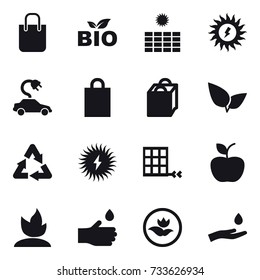 16 vector icon set : shopping bag, bio, sun power, electric car, apple, sprouting, hand drop, ecology, hand and drop