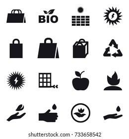 16 vector icon set : shopping bag, bio, sun power, apple, sprouting, hand leaf, hand drop, ecology, hand and drop