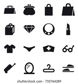 16 vector icon set : shopping bag, purse, diamond, necklace, lipstick, t-shirt, underpants, suitcase, mirror, hanger, slippers