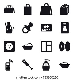 16 vector icon set : shopping bag, cleanser, nipple, identity card, power socket, washing, window, liquid soap, foam basin