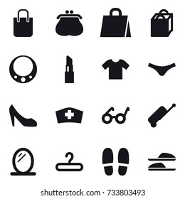 16 vector icon set : shopping bag, purse, necklace, lipstick, t-shirt, underpants, shoes, suitcase, mirror, hanger, slippers