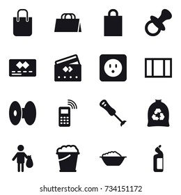 16 vector icon set : shopping bag, nipple, credit card, power socket, window, garbage bag, trash, foam bucket, foam basin, toilet cleanser