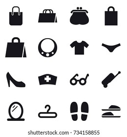 16 vector icon set : shopping bag, purse, necklace, t-shirt, underpants, shoes, suitcase, mirror, hanger, slippers