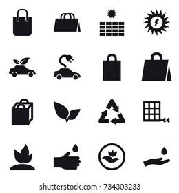 16 vector icon set : shopping bag, sun power, eco car, electric car, sprouting, hand drop, ecology, hand and drop