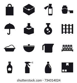 16 vector icon set : shopping bag, box, washing, cauldron, measuring cup, sprayer, cleanser, package