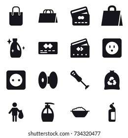 16 vector icon set : shopping bag, credit card, cleanser, power socket, garbage bag, trash, liquid soap, foam basin, toilet cleanser