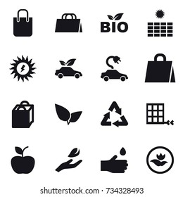 16 vector icon set : shopping bag, bio, sun power, eco car, electric car, apple, hand leaf, hand drop, ecology