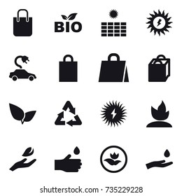 16 vector icon set : shopping bag, bio, sun power, electric car, sprouting, hand leaf, hand drop, ecology, hand and drop