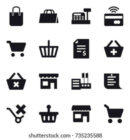 16 vector icon set : shopping bag, cashbox, tap to pay, cart, basket, account balance, add to basket, delete cart, shop, store, shopping list