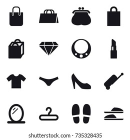 16 vector icon set : shopping bag, purse, diamond, necklace, lipstick, t-shirt, underpants, shoes, suitcase, mirror, hanger, slippers