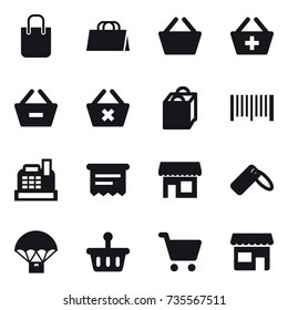 16 vector icon set : shopping bag, basket, add to basket, remove from basket, delete cart, barcode, cashbox, atm receipt, shop