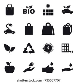 16 vector icon set : shopping bag, bio, sun power, eco car, electric car, apple, hand leaf, hand drop, hand and drop