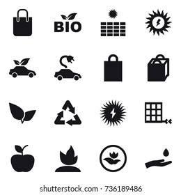 16 vector icon set : shopping bag, bio, sun power, eco car, electric car, apple, sprouting, ecology, hand and drop