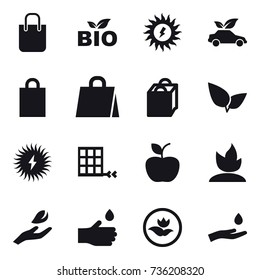 16 vector icon set : shopping bag, bio, sun power, eco car, apple, sprouting, hand leaf, hand drop, ecology, hand and drop
