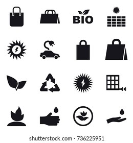 16 vector icon set : shopping bag, bio, sun power, electric car, sprouting, hand drop, ecology, hand and drop